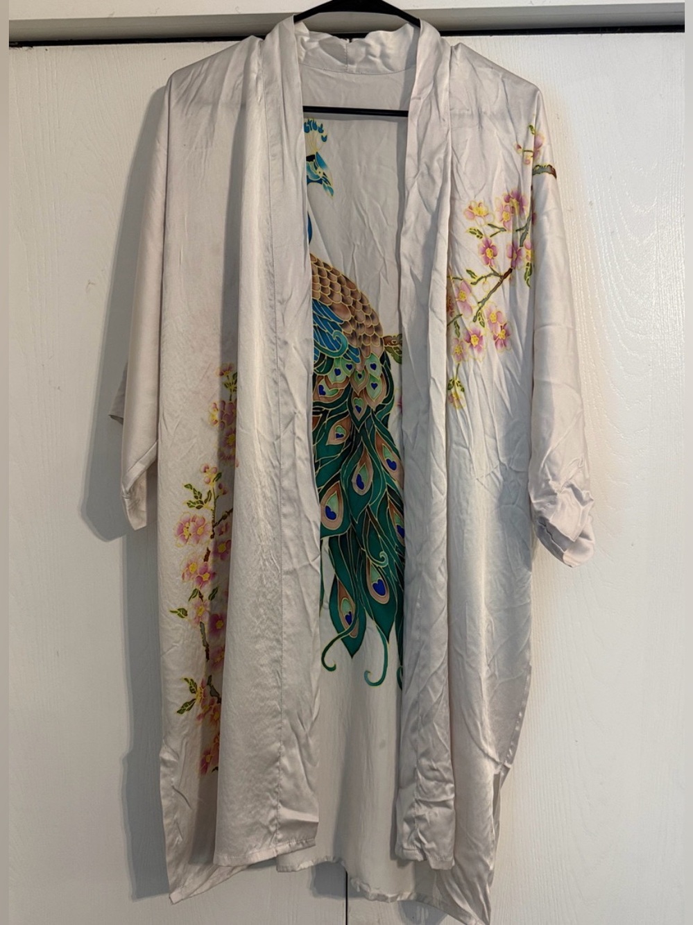 Kim+Ono Silk White Kimono Robe with Hand-painted Peacock Print